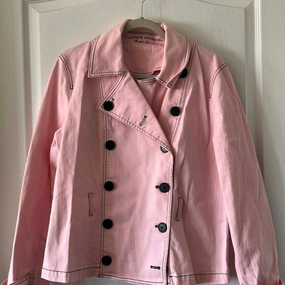 Ralph Lauren Jeans Co. Pink Double Breasted Denim Jacket without Belt size XL - Picture 3 of 7